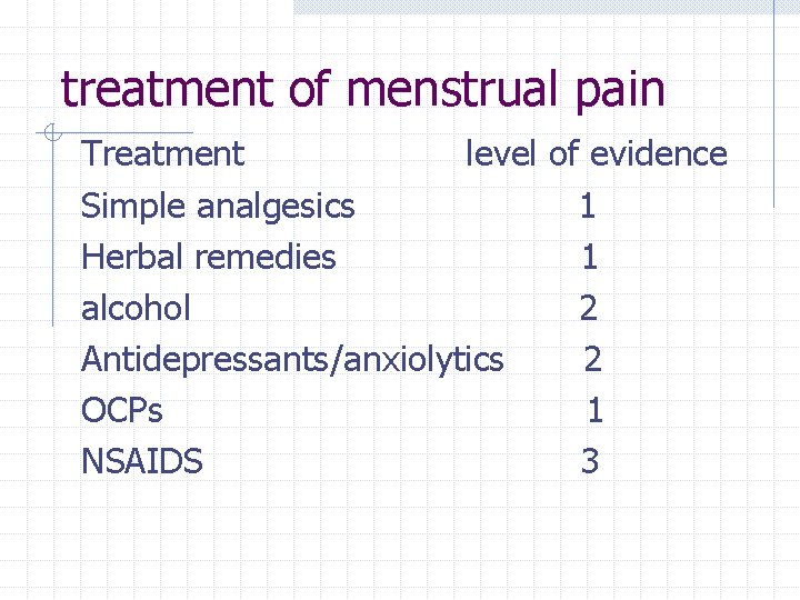 treatment of menstrual pain Treatment level of evidence Simple analgesics 1 Herbal remedies 1 treatment of menstrual pain Treatment level of evidence Simple analgesics 1 Herbal remedies 1