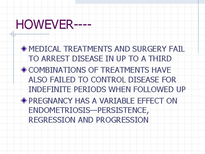 HOWEVER---MEDICAL TREATMENTS AND SURGERY FAIL TO ARREST DISEASE IN UP TO A THIRD COMBINATIONS HOWEVER---MEDICAL TREATMENTS AND SURGERY FAIL TO ARREST DISEASE IN UP TO A THIRD COMBINATIONS