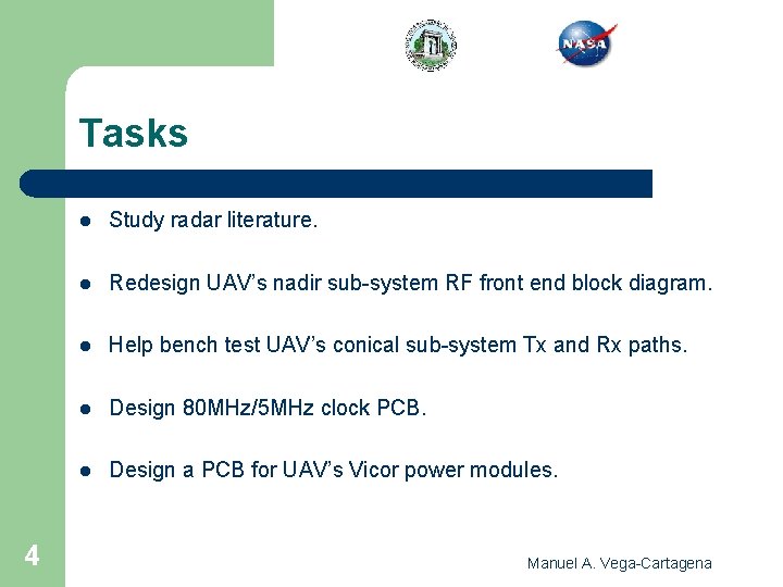 Tasks 4 l Study radar literature. l Redesign UAV’s nadir sub-system RF front end