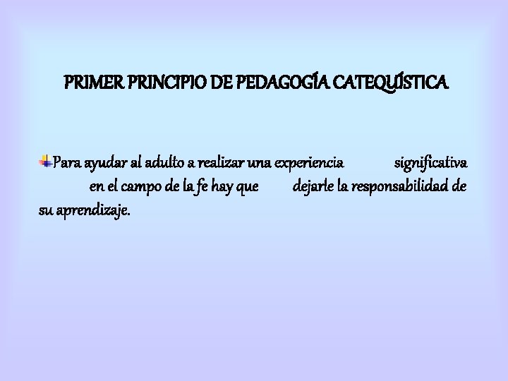 PRIMER PRINCIPIO DE PEDAGOGÍA CATEQUÍSTICA Para ayudar al adulto a realizar una experiencia significativa PRIMER PRINCIPIO DE PEDAGOGÍA CATEQUÍSTICA Para ayudar al adulto a realizar una experiencia significativa