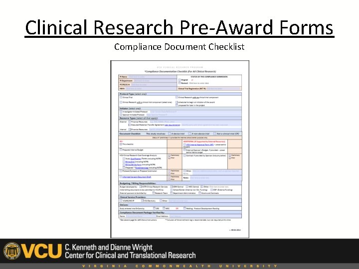 Clinical Research Pre-Award Forms Compliance Document Checklist 