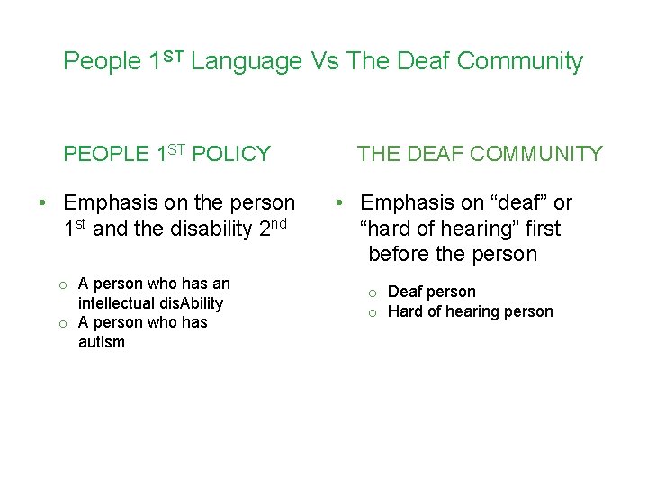 People 1 ST Language Vs The Deaf Community PEOPLE 1 ST POLICY • Emphasis