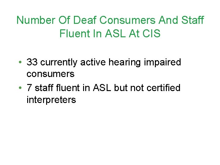 Number Of Deaf Consumers And Staff Fluent In ASL At CIS • 33 currently