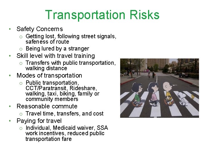 Transportation Risks • Safety Concerns o Getting lost, following street signals, safeness of route