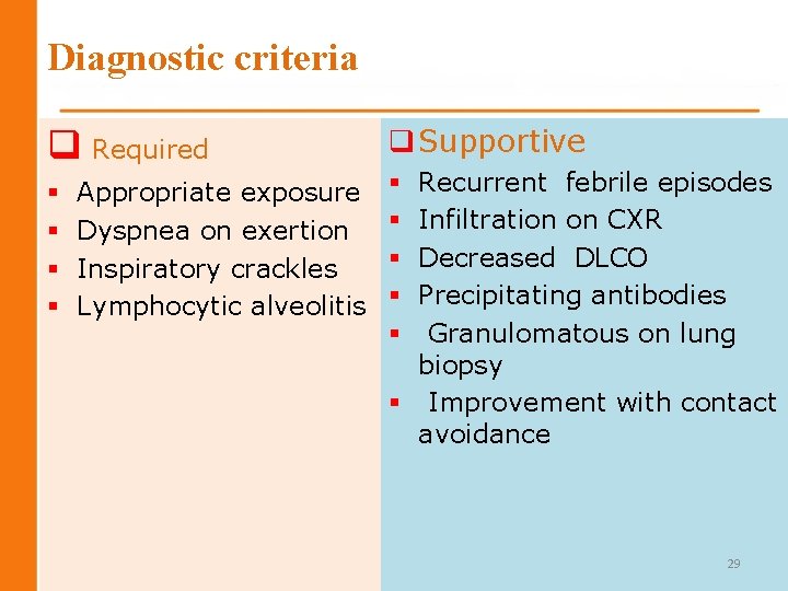 Diagnostic criteria q Required § § Appropriate exposure Dyspnea on exertion Inspiratory crackles Lymphocytic