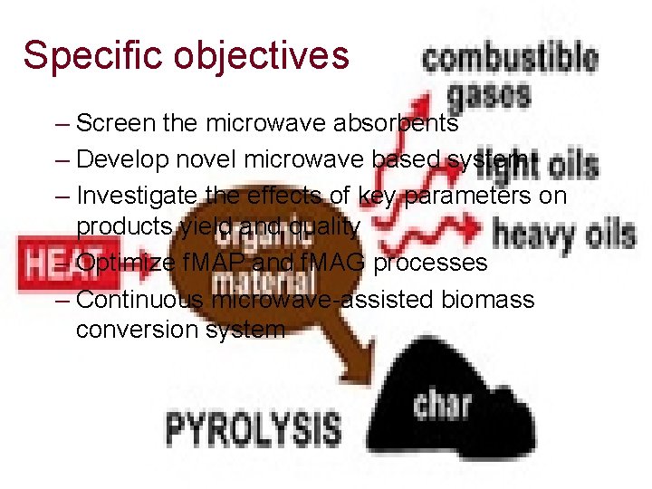 Specific objectives – Screen the microwave absorbents – Develop novel microwave based system –