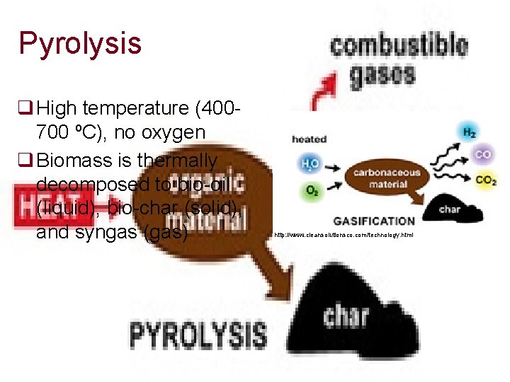 Pyrolysis q High temperature (400700 ºC), no oxygen q Biomass is thermally decomposed to