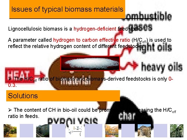 Issues of typical biomass materials Lignocellulosic biomass is a hydrogen-deficient feedstock. A parameter called