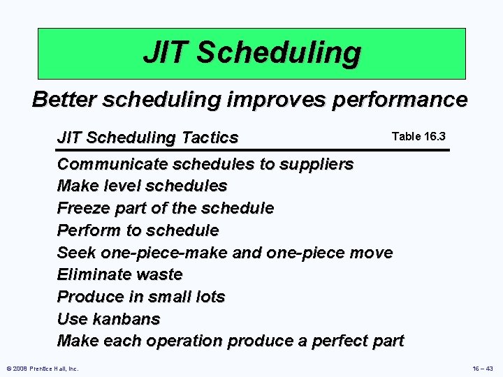JIT Scheduling Better scheduling improves performance JIT Scheduling Tactics Table 16. 3 Communicate schedules