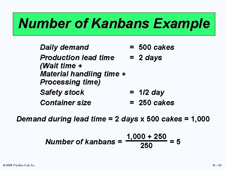 Number of Kanbans Example Daily demand Production lead time (Wait time + Material handling