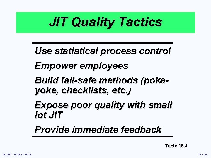 JIT Quality Tactics Use statistical process control Empower employees Build fail-safe methods (pokayoke, checklists,