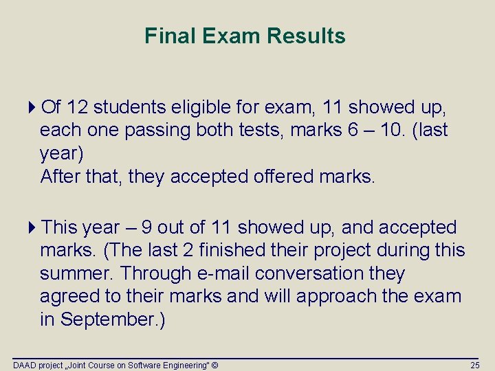 Final Exam Results 4 Of 12 students eligible for exam, 11 showed up, each Final Exam Results 4 Of 12 students eligible for exam, 11 showed up, each
