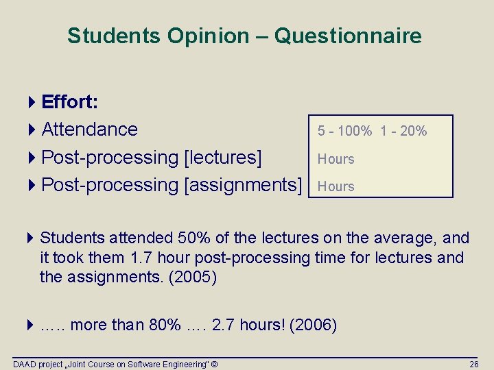Students Opinion – Questionnaire 4 Effort: 4 Attendance 4 Post-processing [lectures] 4 Post-processing [assignments]