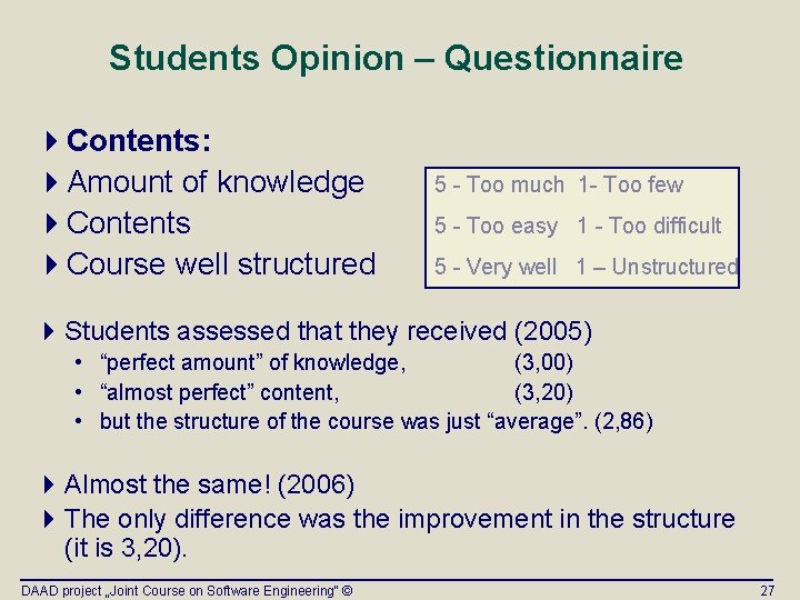 Students Opinion – Questionnaire 4 Contents: 4 Amount of knowledge 4 Contents 4 Course Students Opinion – Questionnaire 4 Contents: 4 Amount of knowledge 4 Contents 4 Course