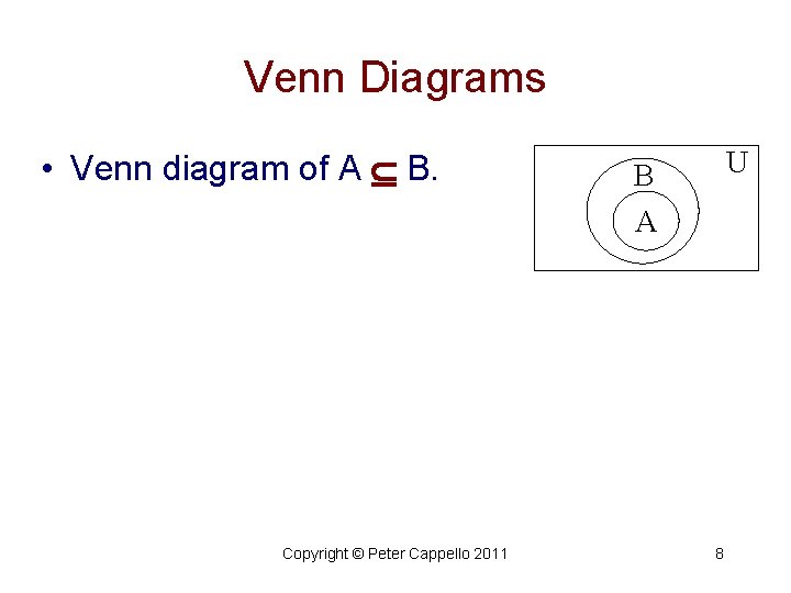 Venn Diagrams • Venn diagram of A B. U B A Copyright © Peter