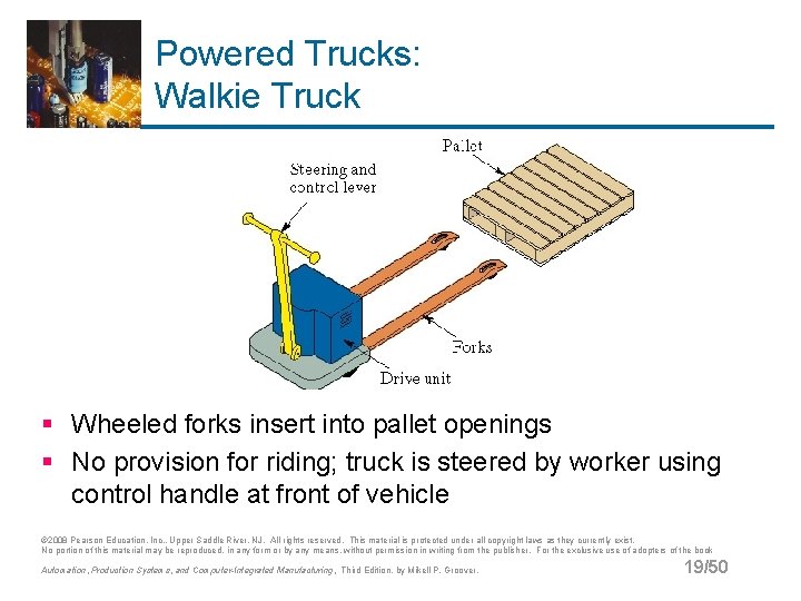 Powered Trucks: Walkie Truck § Wheeled forks insert into pallet openings § No provision