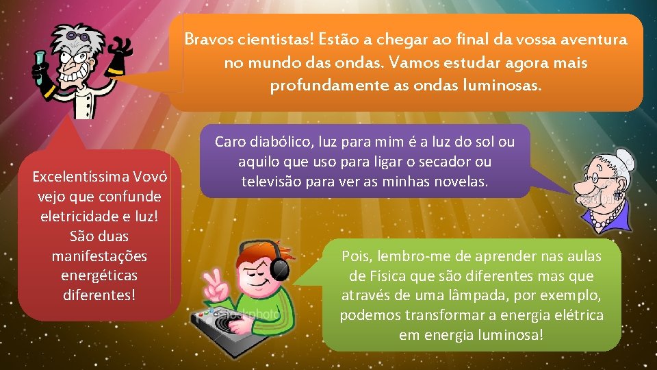 Bravos cientistas! Estão a chegar ao final da vossa aventura no mundo das ondas.