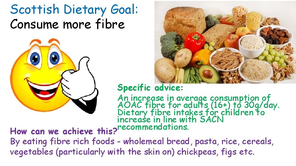 Scottish Dietary Goal: Consume more fibre Specific advice: An increase in average consumption of