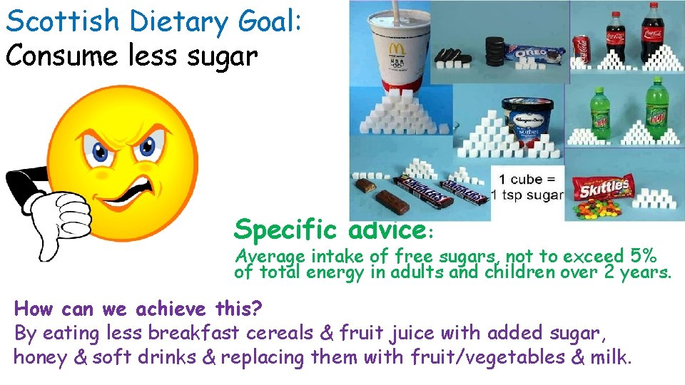 Scottish Dietary Goal: Consume less sugar Specific advice: Average intake of free sugars, not