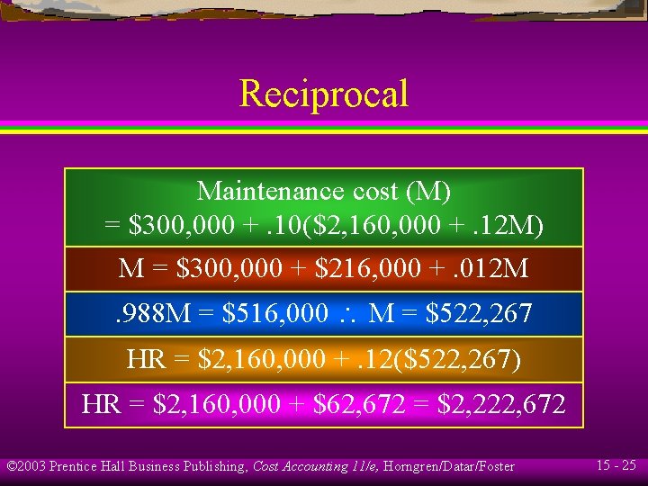 Reciprocal Maintenance cost (M) = $300, 000 +. 10($2, 160, 000 +. 12 M)