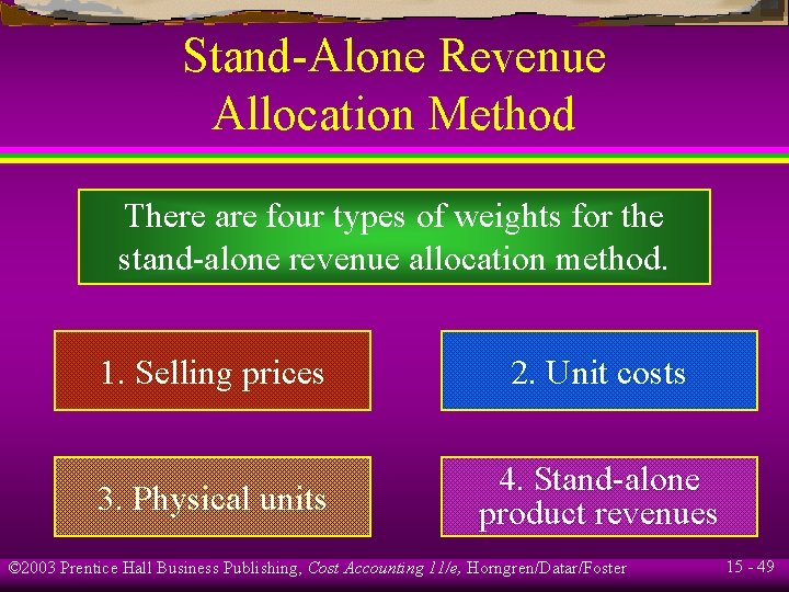 Stand-Alone Revenue Allocation Method There are four types of weights for the stand-alone revenue