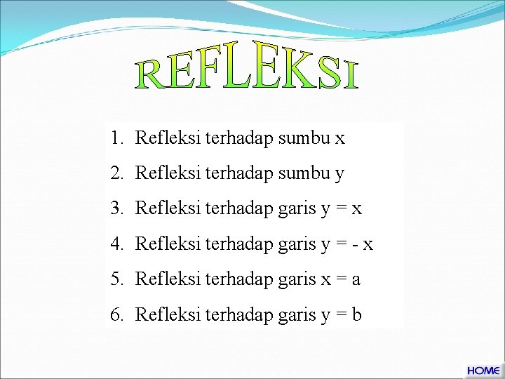 1. Refleksi terhadap sumbu x 2. Refleksi terhadap sumbu y 3. Refleksi terhadap garis