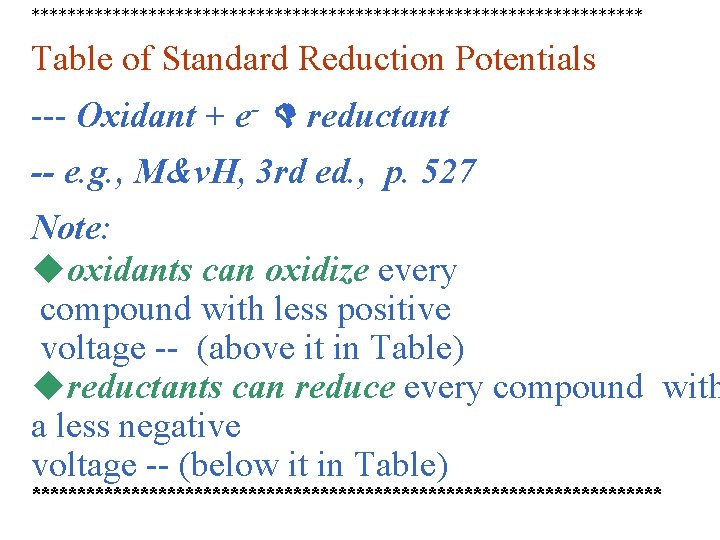 ********************************** Table of Standard Reduction Potentials --- Oxidant + e- reductant -- e. g.