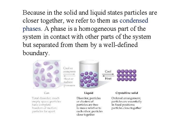 Because in the solid and liquid states particles are closer together, we refer to