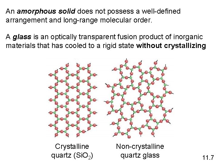 An amorphous solid does not possess a well-defined arrangement and long-range molecular order. A