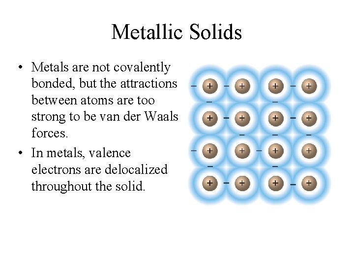 Metallic Solids • Metals are not covalently bonded, but the attractions between atoms are