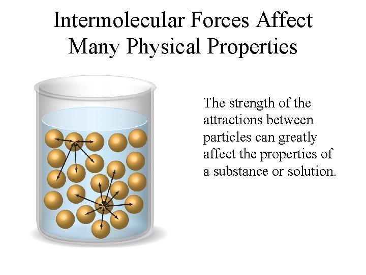 Intermolecular Forces Affect Many Physical Properties The strength of the attractions between particles can