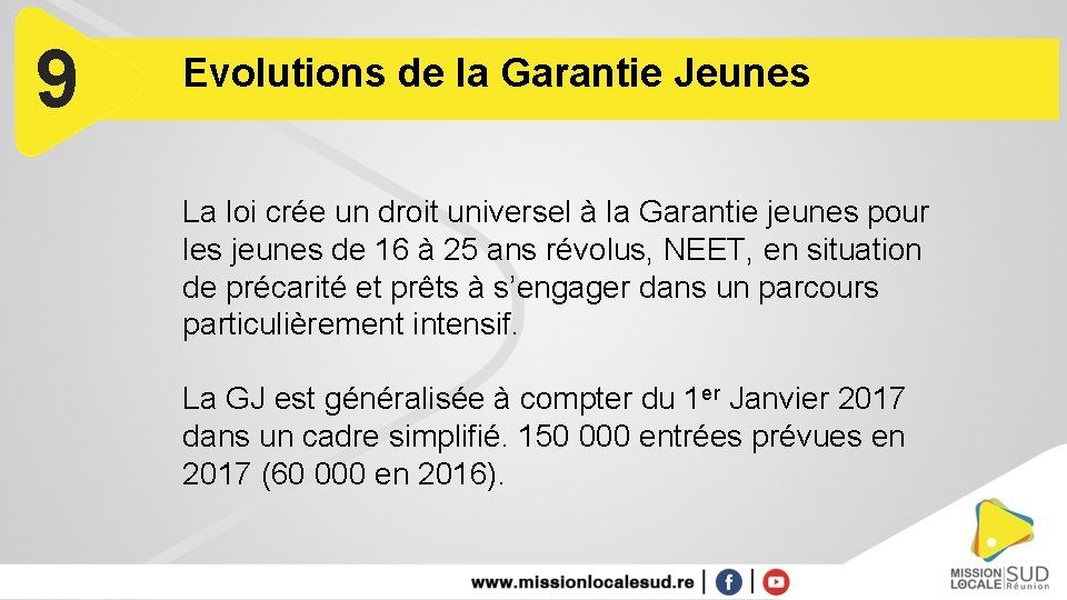 9 Evolutions de la Garantie Jeunes La loi crée un droit universel à la