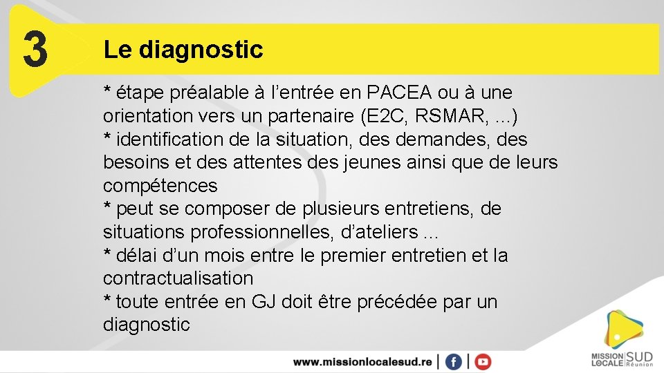 3 Le diagnostic * étape préalable à l’entrée en PACEA ou à une orientation