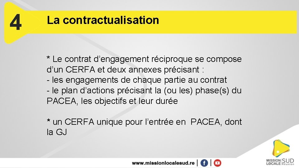 4 La contractualisation * Le contrat d’engagement réciproque se compose d’un CERFA et deux