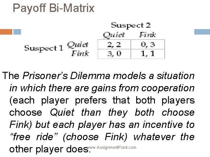 Payoff Bi-Matrix The Prisoner’s Dilemma models a situation in which there are gains from