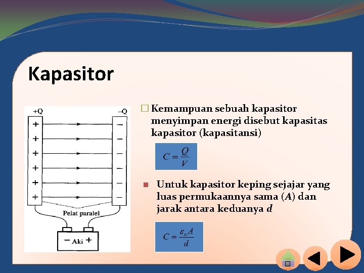 Kapasitor � Kemampuan sebuah kapasitor menyimpan energi disebut kapasitas kapasitor (kapasitansi) n Untuk kapasitor