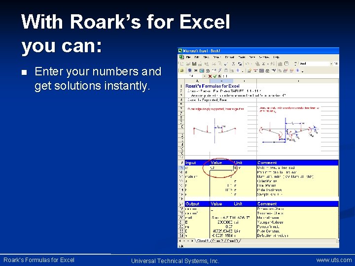 With Roark’s for Excel you can: n Enter your numbers and get solutions instantly.