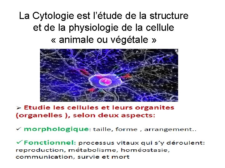 La Cytologie est l’étude de la structure et de la physiologie de la cellule
