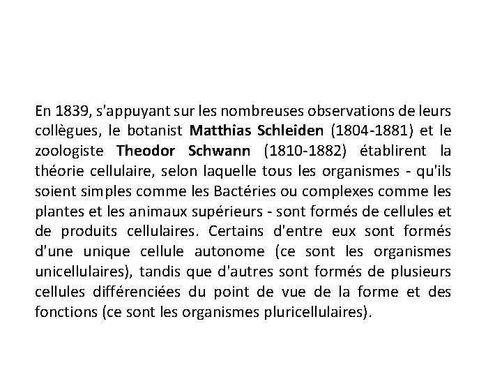 En 1839, s'appuyant sur les nombreuses observations de leurs collègues, le botanist Matthias Schleiden