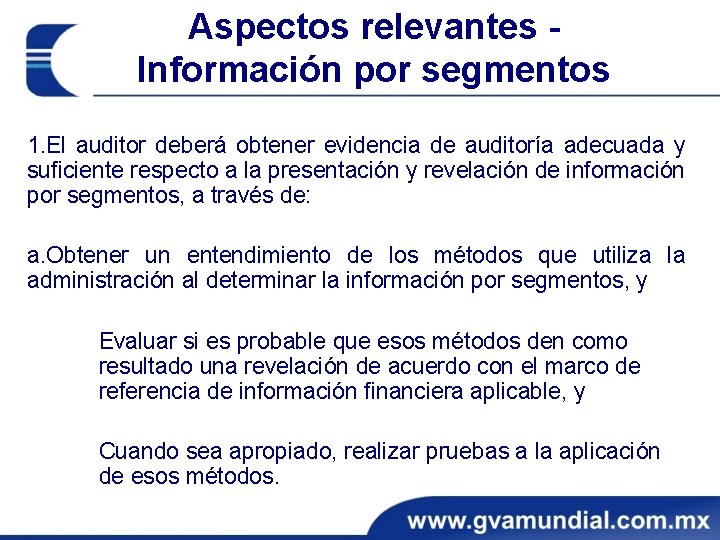 Aspectos relevantes Información por segmentos 1. El auditor deberá obtener evidencia de auditoría adecuada Aspectos relevantes Información por segmentos 1. El auditor deberá obtener evidencia de auditoría adecuada