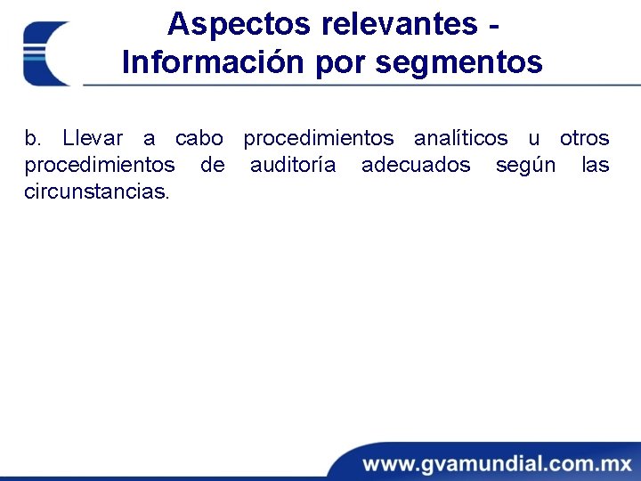 Aspectos relevantes Información por segmentos b. Llevar a cabo procedimientos analíticos u otros procedimientos Aspectos relevantes Información por segmentos b. Llevar a cabo procedimientos analíticos u otros procedimientos