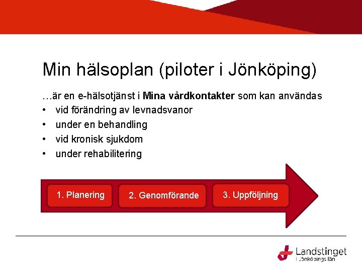 Min hälsoplan (piloter i Jönköping) …är en e-hälsotjänst i Mina vårdkontakter som kan användas