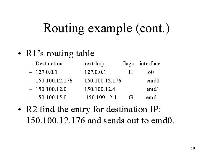Routing example (cont. ) • R 1’s routing table – – – Destination 127.