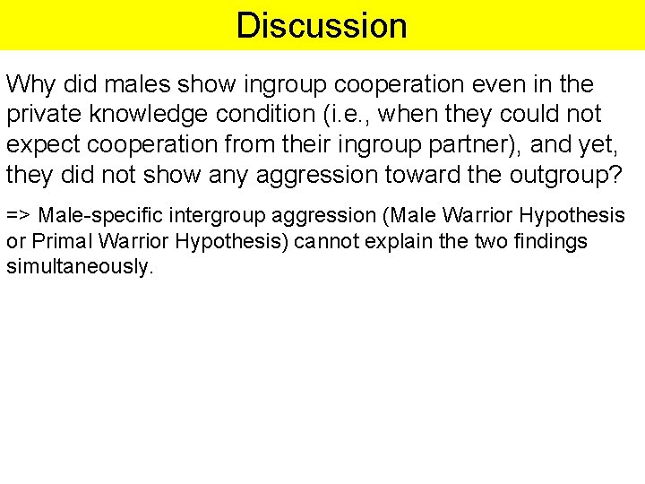 Discussion Why did males show ingroup cooperation even in the private knowledge condition (i.