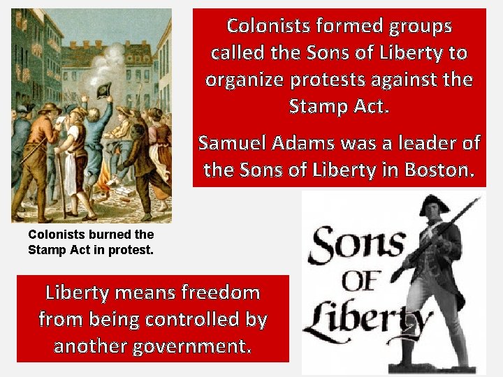 Colonists formed groups called the Sons of Liberty to organize protests against the Stamp