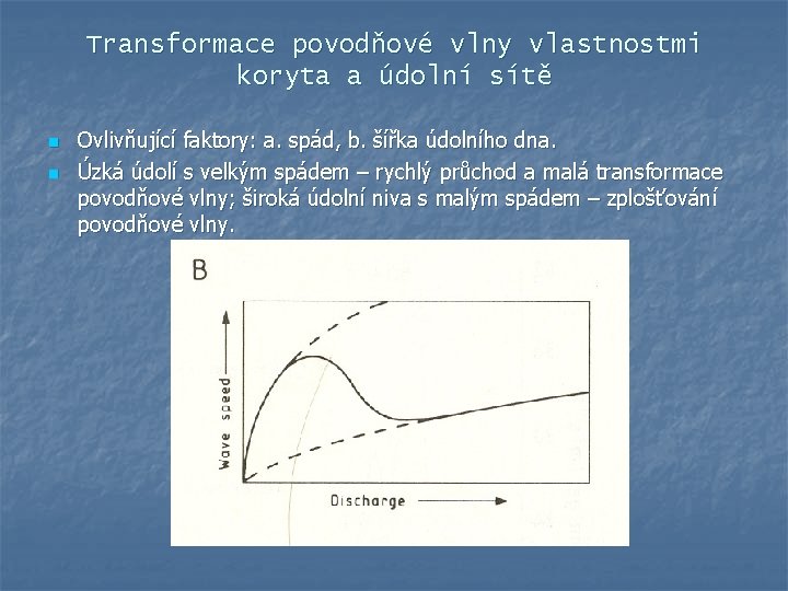 Transformace povodňové vlny vlastnostmi koryta a údolní sítě n n Ovlivňující faktory: a. spád,