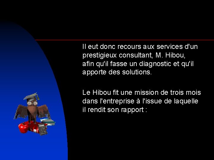 Il eut donc recours aux services d'un prestigieux consultant, M. Hibou, afin qu'il fasse