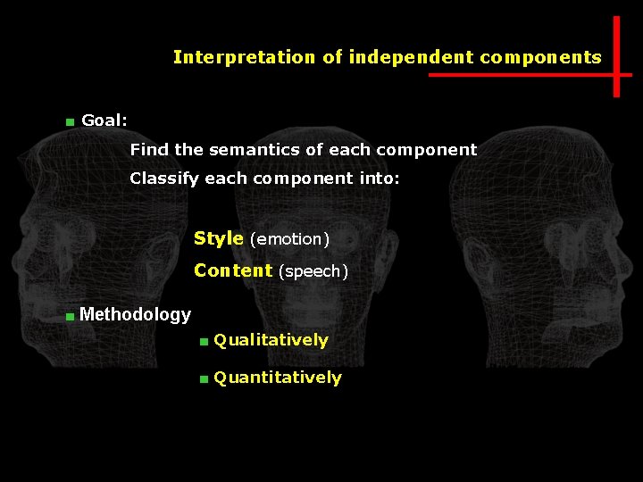 Interpretation of independent components ■ Goal: Find the semantics of each component Classify each