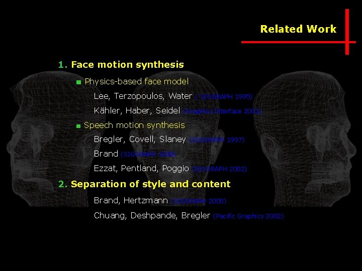 Related Work 1. Face motion synthesis ■ Physics-based face model Lee, Terzopoulos, Water Kähler,