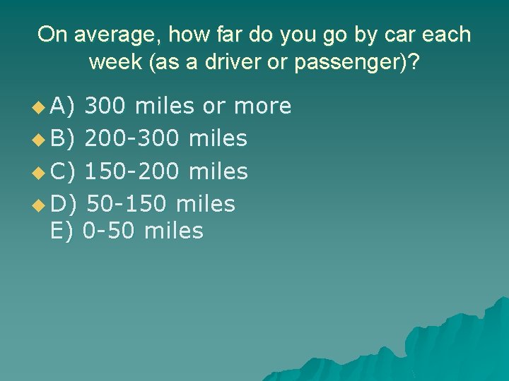 On average, how far do you go by car each week (as a driver